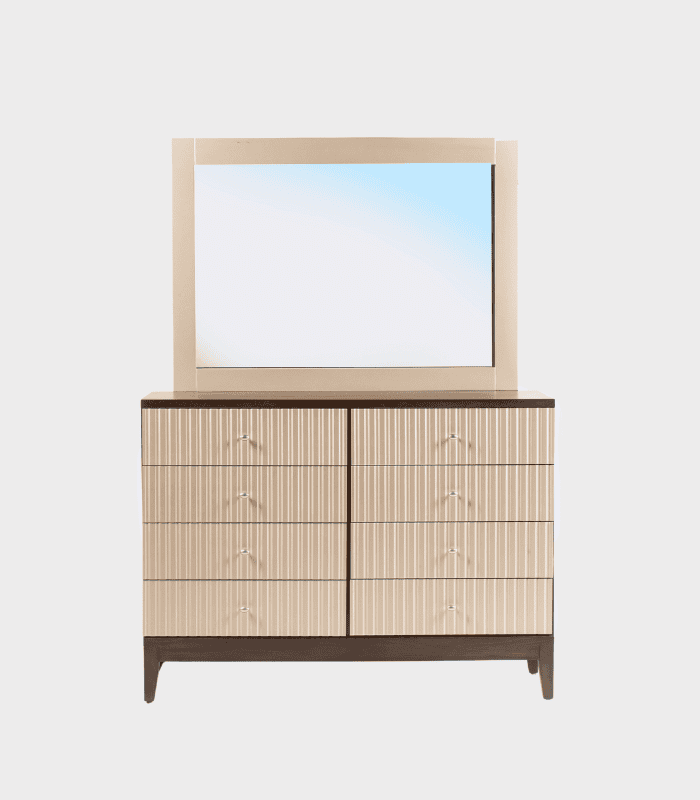 Espejo de pared con marco de madera clara y mueble de almacenamiento con seis cajones de madera con acabado a rayas y patas rectas, ideal para dormitorios y decoración moderna.