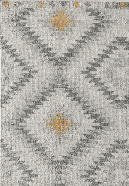 Suelo de alfombra con diseño geométrico en tonos grises y dorados, ideal para decorar espacios modernos y acogedores en zonas de muebles y decoración.
