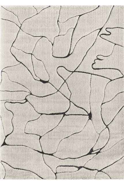 Líneas abstractas negras sobre fondo beige en una alfombra moderna.
