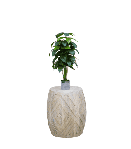 Maceta de cemento con planta verde sobre mesa de cerámica de diseño geométrico.
