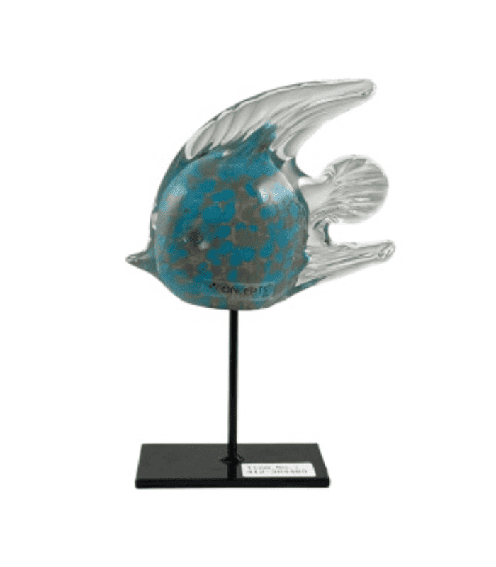 Diseño sin título (24) Vaso decorativo en forma de pez de cristal con tonos azules y gris, sobre base negra para decorar mesas o estanterías.