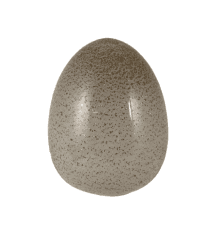 Huevo decorativo de cerámica beige con puntos oscuros, ideal para decoración y arreglos en hogares y oficinas.