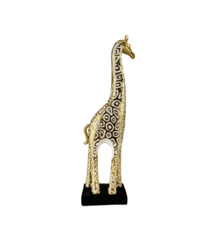 Jirafa decorativa de madera barnizada en tonos dorados y negros, ideal para oficinas o espacios modernos. Pieza de arte que combina elegancia y originalidad en muebles y decoración.