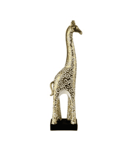 Gato decorativo de metal con patrón geométrico en tonos dorados y plateados sobre base negra, ideal para decorar ambientes modernos y elegantes.