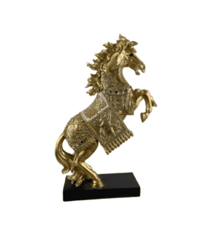 Victoria dorada en forma de caballo de caballería decorativa artesanal, perfecta para complementar muebles, decoración y sillones en cualquier espacio elegante.