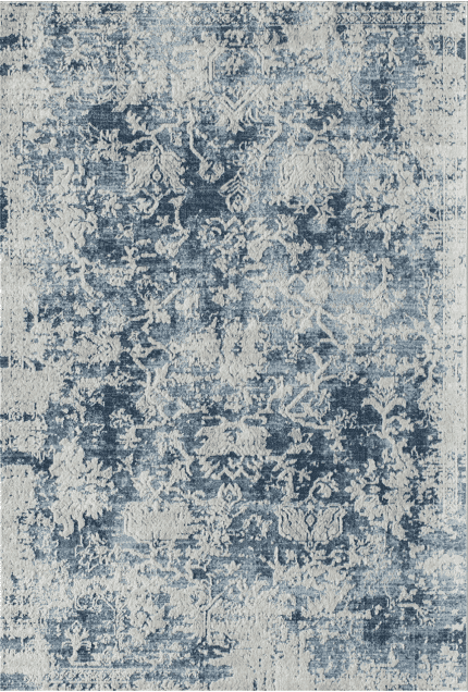 Vintage-style patterned rug in shades of blue and beige, featuring intricate floral and geometric designs, ideal for living rooms or offices.