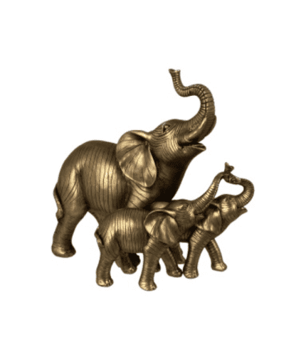 Decoración moderna de elefantes dorados con textura metálica para zona de muebles y objetos decorativos. Ideal para complementar ambientes elegantes y sofisticados en cualquier espacio.