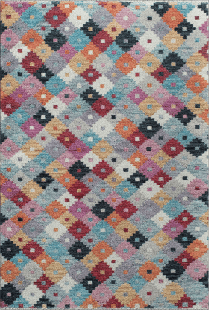 Acolorido alfombra de área con patrón de mosaico en tonos rosa, azul, naranja y rojo.