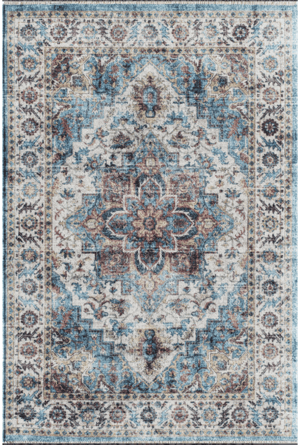 Exclusivo tapiz de estilo clásico en tonos beige, azul y terracota, con detalles florales y patrones geométricos que aportan elegancia y calidez a cualquier espacio interior.