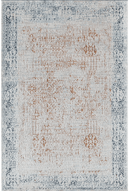 Vintage oriental rug with intricate patterns in beige, ivory and gray tones. Perfect for living rooms or offices, adding style and comfort with a cozy, elegant touch.