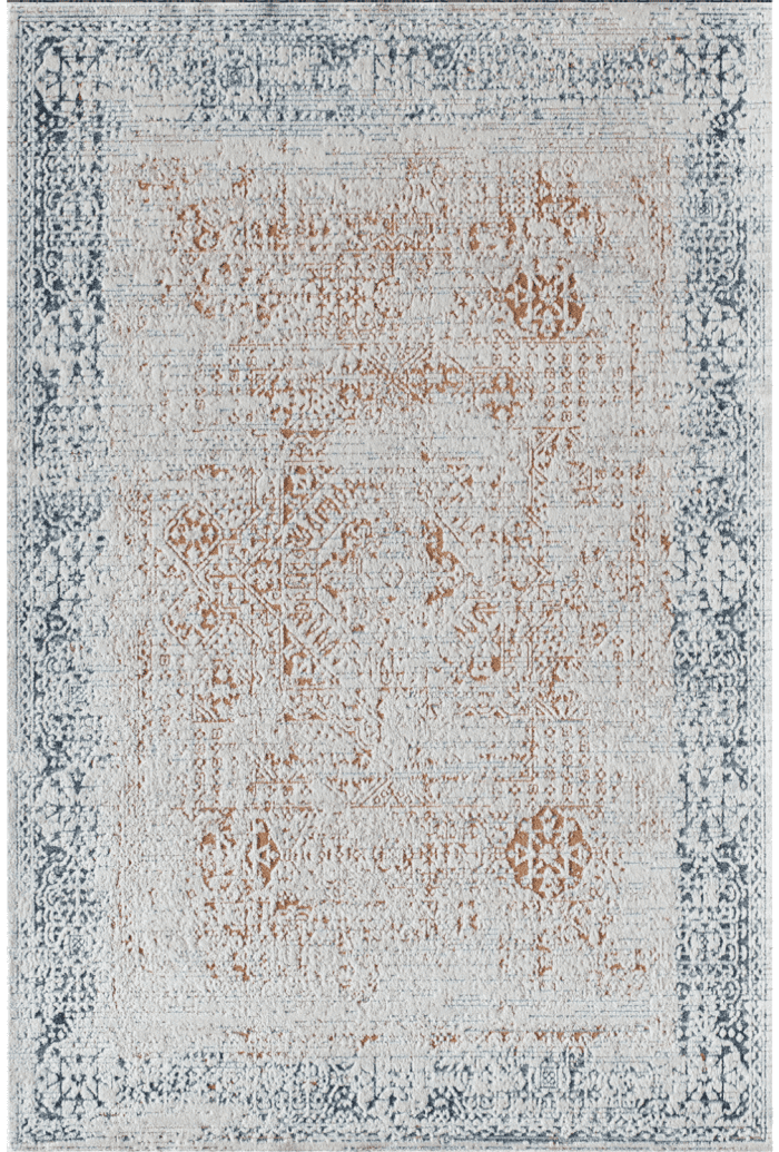 Vintage oriental rug with intricate patterns in beige, ivory and gray tones. Perfect for living rooms or offices, adding style and comfort with a cozy, elegant touch.