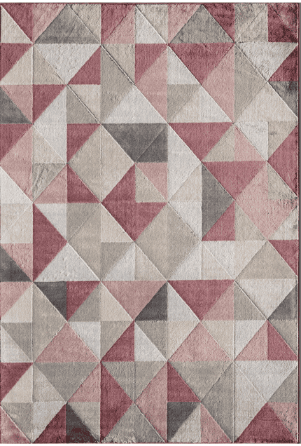 Rug with geometric pattern in shades of pink, gray, and white, ideal for modern interior decor.