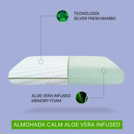 Cojín de descanso con tecnología Silver Fresh Bambú y espuma de memoria infusionada con aloe vera, ideal para un sueño cómodo y saludable.