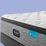 Cómoda cama de matrimonio con colchón de alta calidad, superficie acolchada y tecnología para un sueño reparador. Diseño moderno y elegante en tonos grises y detalles en azul.
