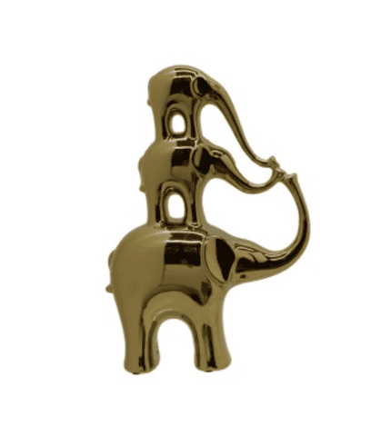 Elefante decorativo dorado de aluminio, con diseño moderno y llamativo, ideal para decorar espacios elegantes y originales en zonas de muebles y decoración.