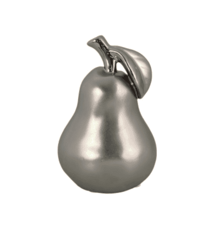 Jarrón en forma de pera en color plateado con tapa similar a una manzana. Diseño moderno y elegante, ideal para decorar espacios contemporáneos. Perfecto para completar la decoración de tu hogar u oficina.