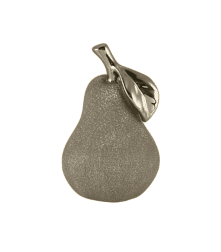 Manzana decorativa de cerámica con hoja de metal en tono dorado, perfecta para decorar mesas y estanterías.