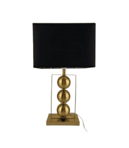Lámpara de mesa con base dorada y pantalla negra, ideal para decorar espacios modernos y elegantes en hogares u oficinas.