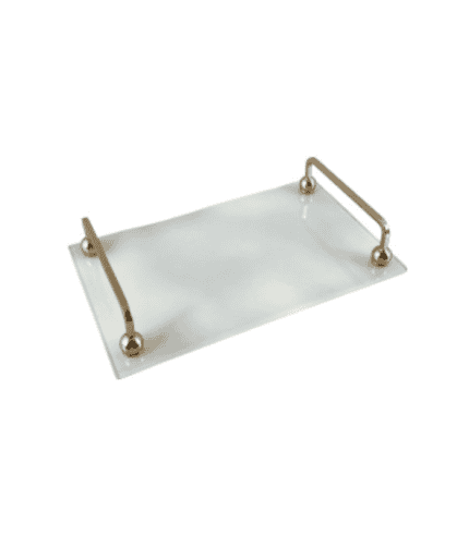 Soporte de vidrio para muebles con agarraderas de metal dorado, ideal para decoración y organización en zonas de muebles y escritorios.