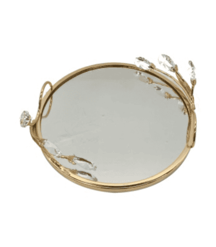 Espejo decorativo con marco dorado y detalles de piedras o cristales. Ideal para decorar mesas o muebles con un toque elegante y sofisticado. Perfecto para zona de muebles, decoración y sillones.