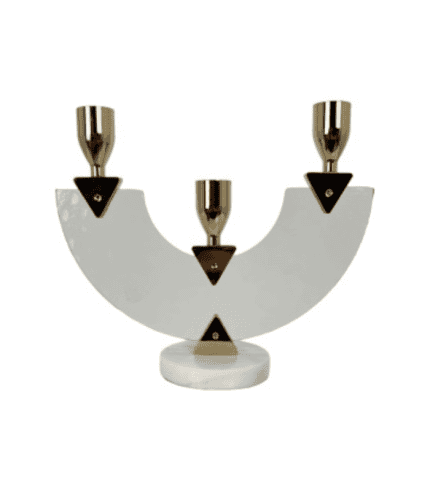 Brass menorah with three candle holders, modern design, minimalist style, decorative table centerpiece.