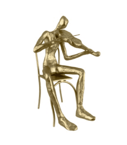 2. Figurita de un músico tocando el violín en tono dorado, con un estilo moderno y artístico.