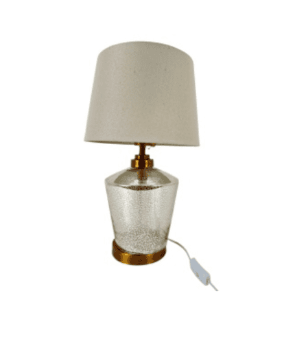 Teléfono lámpara de mesa con pantalla de tela y base de cerámica texturizada, ideal para decorar escritorios o salas de estar.