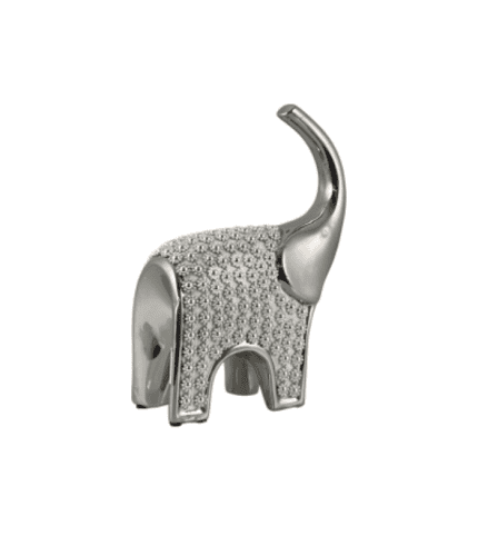Jarrón decorativo en forma de elefante plateado con detalles brillantes.
