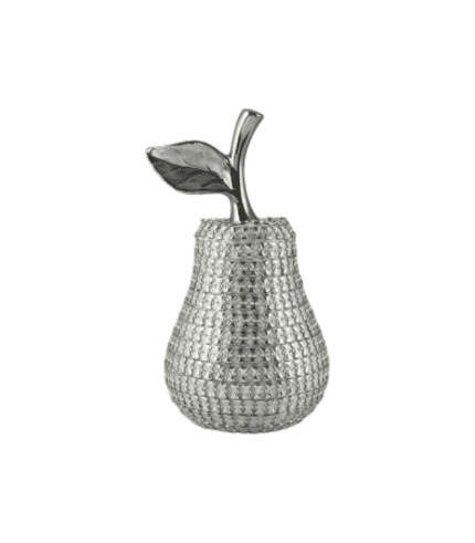 Pelador de fruta decorativo de metal con diseño brillante y detallado.
