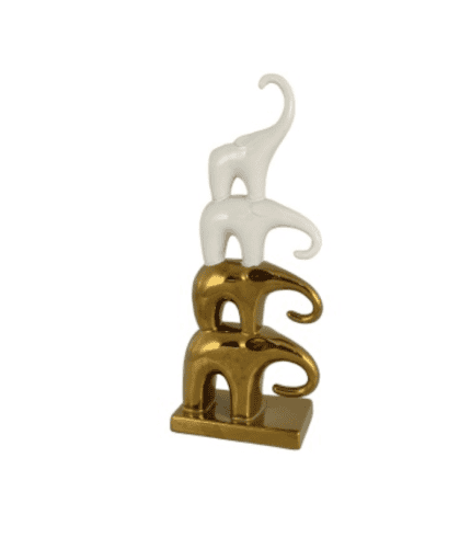 Elefantes decorativos en dorado y blanco, statuo decorativo con diseño elegante, ideal para centros de mesa o decoración de interiores.