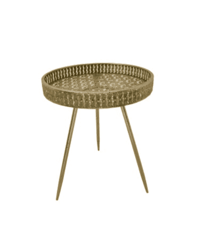 Brass round side table with three tapered legs, decorative furniture piece.