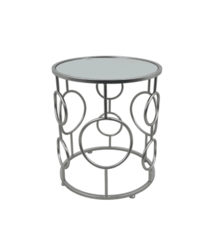 Hierro y cristal, mesa auxiliar moderna con diseño circular, ideal para decorar salas y dormitorios con estilo contemporáneo.