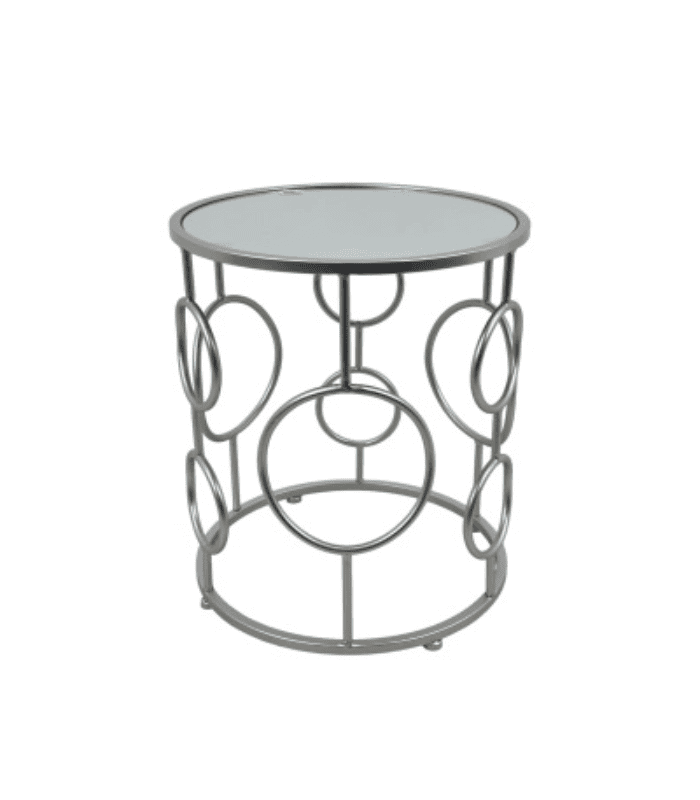 441-558407 (77) Hierro y cristal, mesa auxiliar moderna con diseño circular, ideal para decorar salas y dormitorios con estilo contemporáneo.