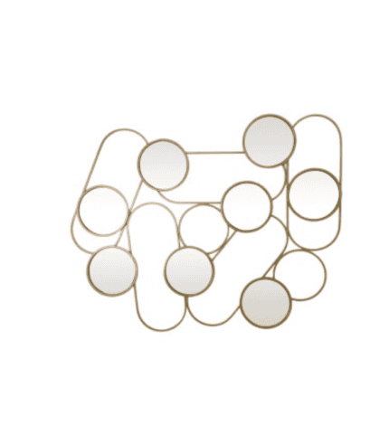 Espejo de diseño moderno con marco en color madera clara y formas de círculos y óvalos entrelazados, ideal para decorar salones o entradas.