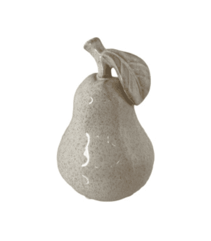 Peras de cerámica decorativas con hoja, ideal para complementar mobiliario y decoración de interiores en zonas de muebles y sillones.