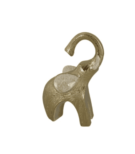Vende el enfeite de un elefante dorado con un estilo moderno y elegante para decorar espacios, ideal para completar la decoración del hogar u oficina en zonas donde muebles y sillones predominan.