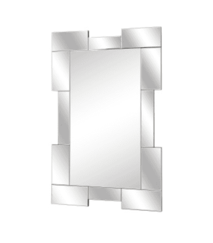 Espejo decorativo de estilo moderno con marco geométrico en acabado plateado, ideal para decorar salas y dormitorios.