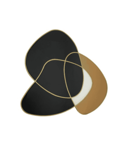 Lienzo de arte moderno con formas orgánicas en tonos negro, dorado y beige para decoración de interiores elegantes.