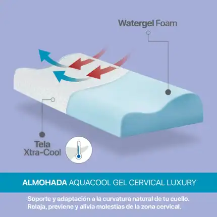 Alto relieve y soporte con tecnología Watergel Foam y tela Xtra-Cool, ideal para cervicales, en una superficie diseñada para el máximo comfort y bienestar en tu descanso.
