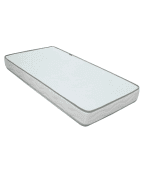 Cama con colchón de espuma y funda gris, perfecta para dormitorios modernos y confortables. Diseño compacto ideal para espacios pequeños y estilo minimalista.