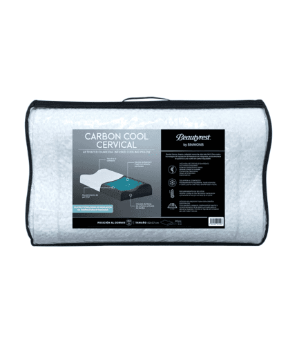 Alto texto: Funda de almohada con tecnología de enfriamiento activa de carbón para un descanso cómodo y saludable, ideal para dormitorios modernos y seguros.