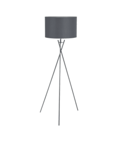 Lámpara de pie moderna con trípode metálico y pantalla gris oscuro.