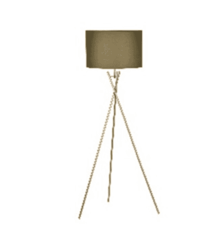 Estructura de pie de lámpara con base de madera y pantalla de tela en tono neutro estilo moderno.