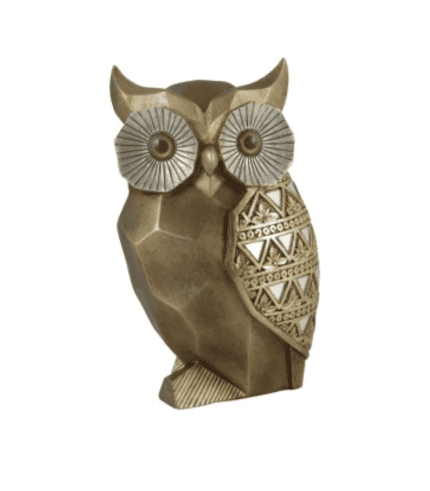 Artesanía de búho decorativo con detalles geométricos, ideal para decoración en zona de muebles y sillones.