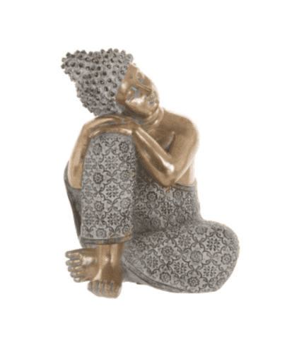 Buda decorativo con detalles en dorado y funda de cojín con patrón floral gris y blanco. Perfecto para decorar espacios con estilo moderno y elegante en zonas de muebles, oficinas y áreas de descanso.