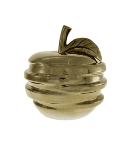 Jarrón decorativo en forma de manzana dorada, ideal para complementar la decoración de interiores con estilo sofisticado y moderno.