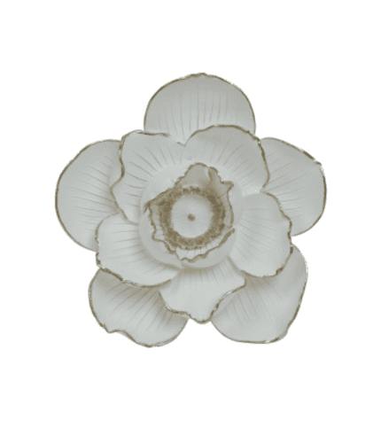 Jarrón decorativo en forma de flor con detalles dorados, ideal para complementar la decoración de tu hogar o oficina. Diseño elegante y sofisticado para espacios modernos y clásicos.