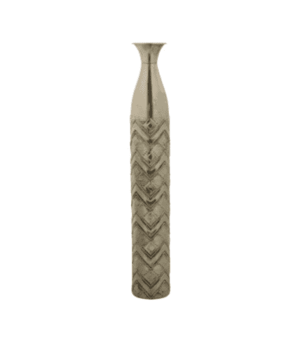 Vaso decorativo alto con diseño geométrico en tonos beige y marrón.