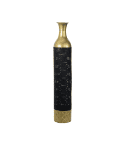 Vaso decorativo de cerámica en tonos dorados y negros, con un diseño elegante y moderno. Ideal para decorar salas, escritorios o áreas de descanso en un estilo sofisticado.