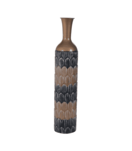 Vase decorativo vintage con patrón geométrico en tonos marrón y negro.